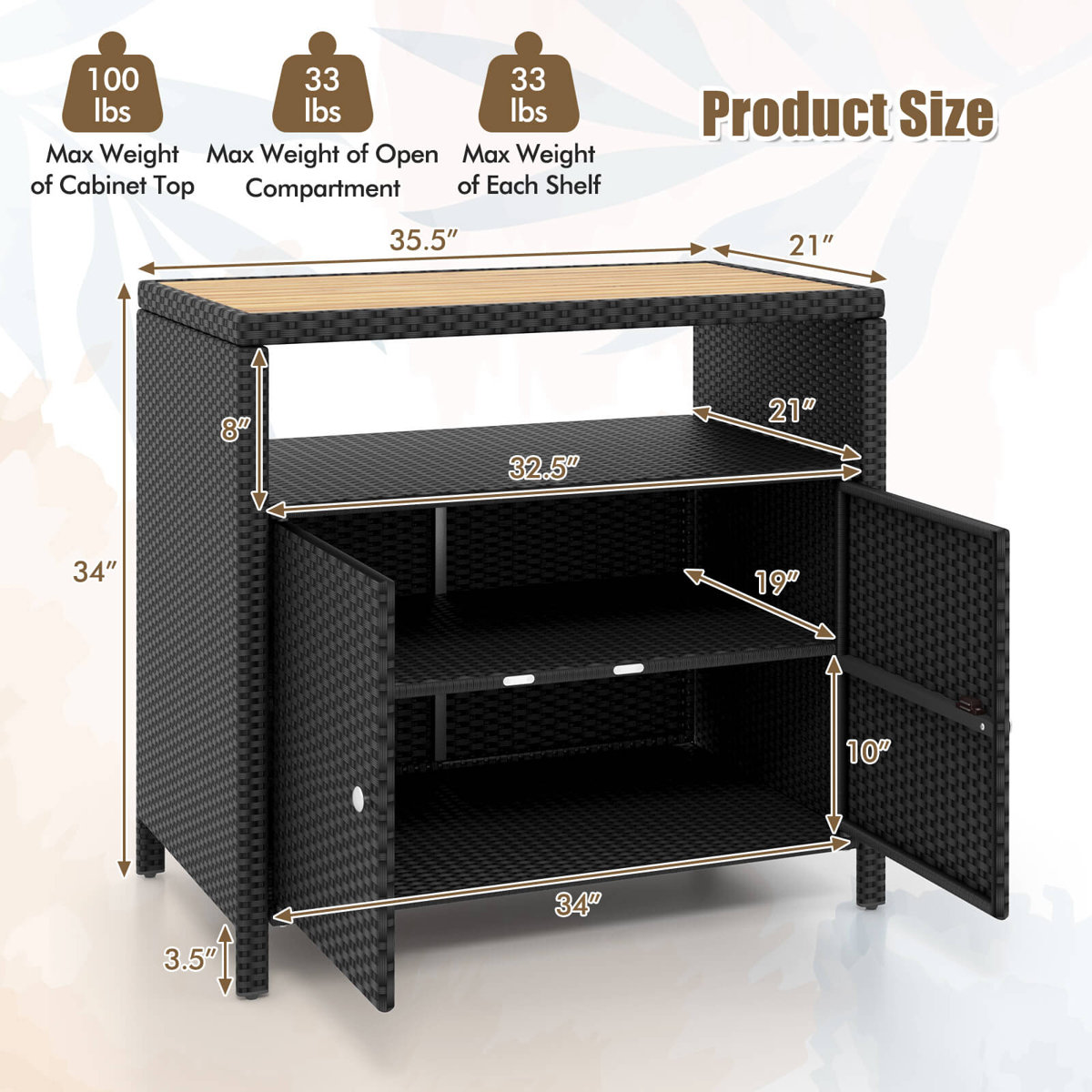 Latitude Run® Patio Storage Cabinet With Acacia Wood Countertop Open Shelf 2 Door Cabinet